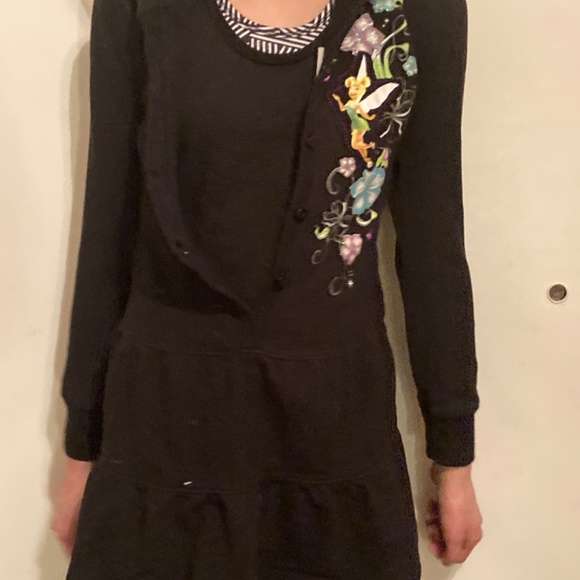Disney Tinker Bell Black Button Hood Sweater Dress top Glitter 7 / 8 Girls - Picture 7 of 12